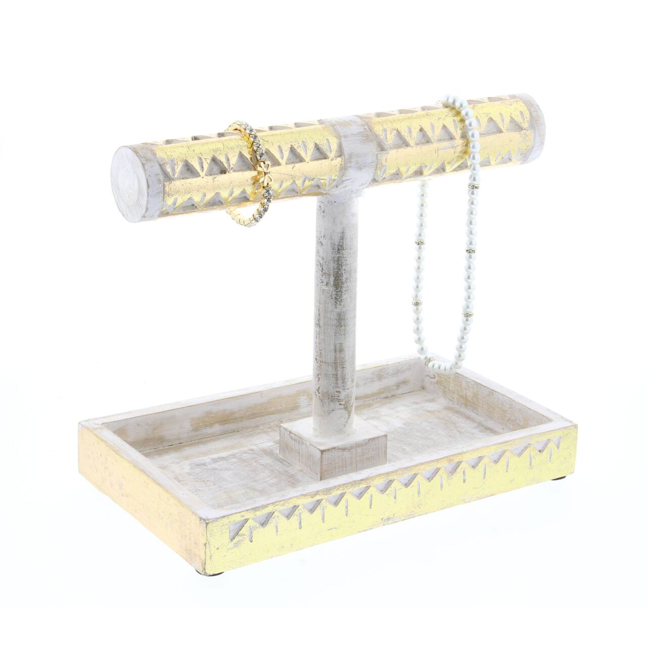 Natural Themed Gold and White Wood Jewelry Stand, 10" x 12" x 7"